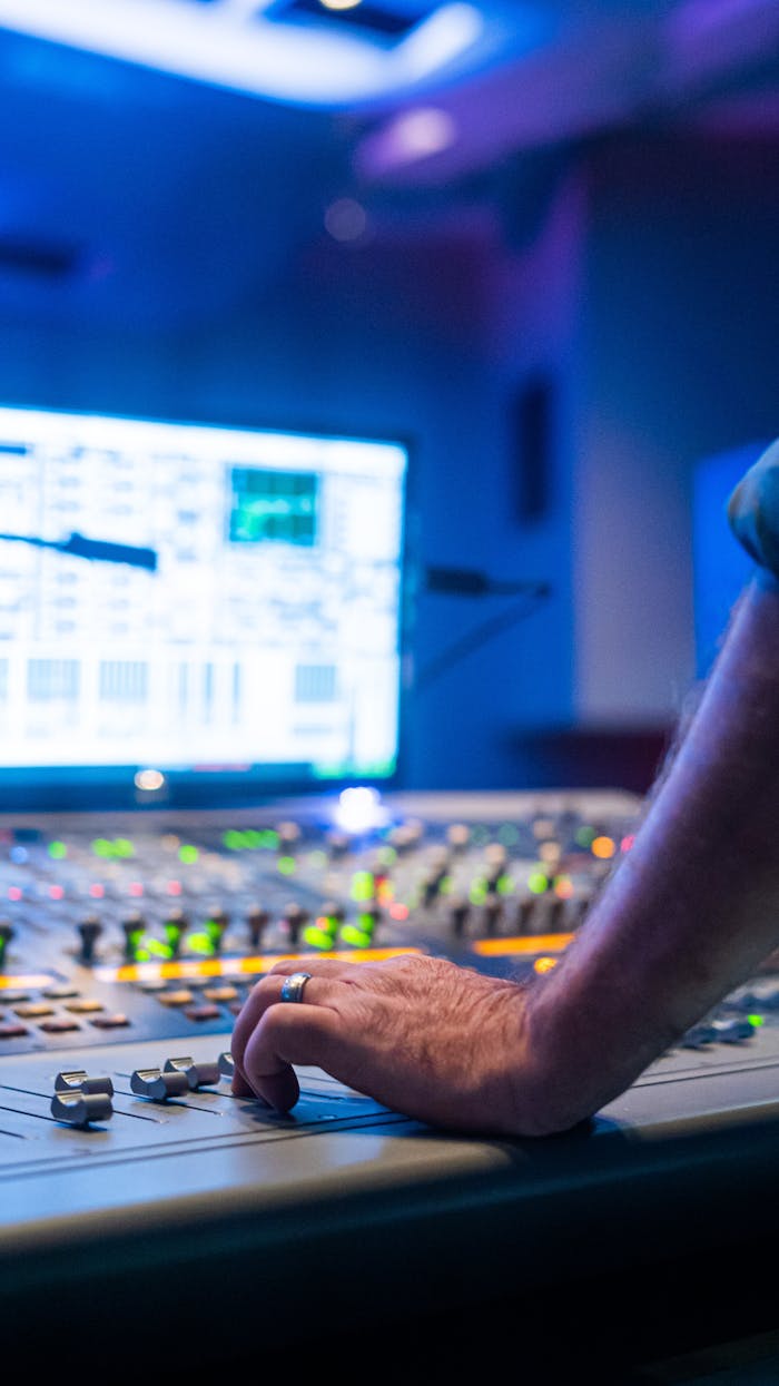 Unrecognizable man adjusting lever on modern control panel during performance in illuminated hall